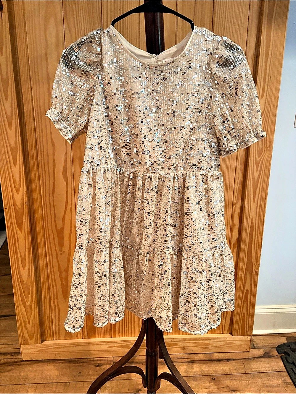 Cat & Jack Puff Short-Sleeve Sequin Dress Cream & Silver 11/12